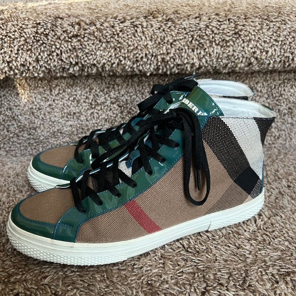 Burberry UnisexCheck High-Top Canvas Patent Leather Sneakers